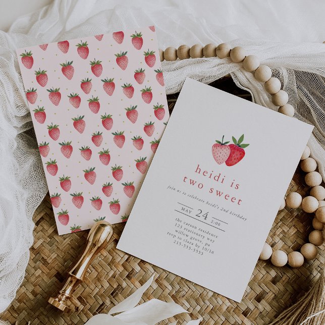 Invitation HEIDI Cute Strawberry Kids Two Sweet 2e anniversai (HEIDI Cute Strawberry Kids Two Sweet 2nd Birthday Invitation)