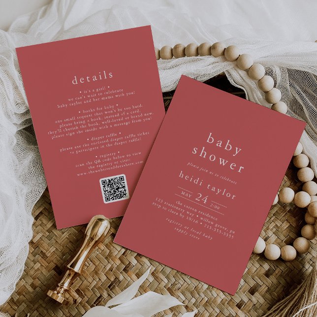 Invitation HEIDI Russe Rouge Summer Boho QR Simple Baby showe (HEIDI Rustic Red Summer Boho QR Simple Baby Shower Invitation)