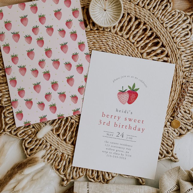 Invitation HEIDI Summer Strawberry Berry Sweet 3ème anniversa (HEIDI Summer Strawberry Berry Sweet 3rd Birthday Invitation)