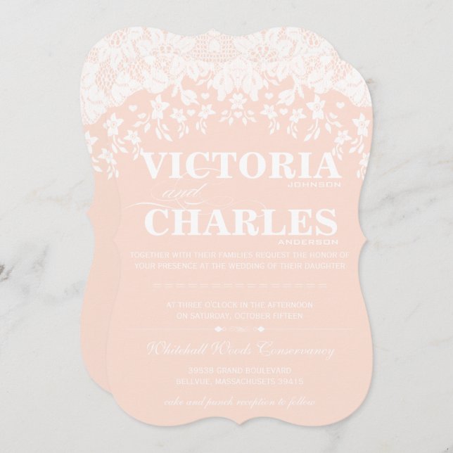 Invitation Heirloom Lace Rustique Grange Vintage Mariage rose (Devant / Derrière)