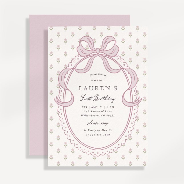 Invitation Heirloom Pink Bow Floral Pattern First Birthday In (Créateur téléchargé)
