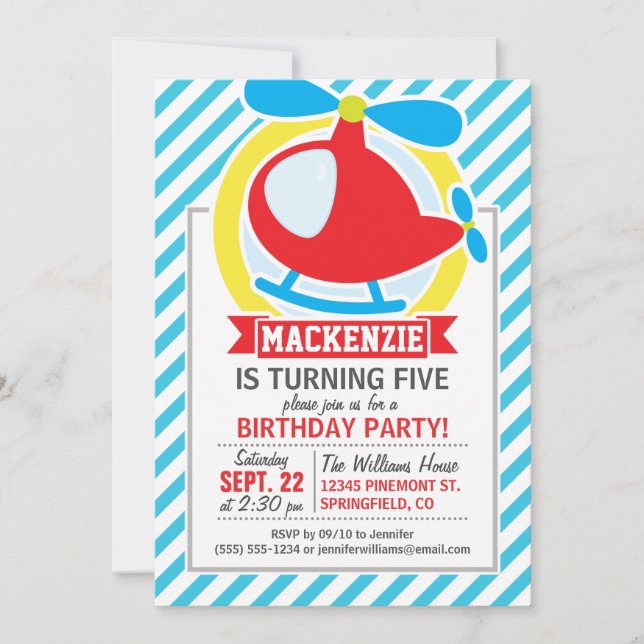 Invitation Hélicoptère mignon; Bleu & Blancs (Devant)