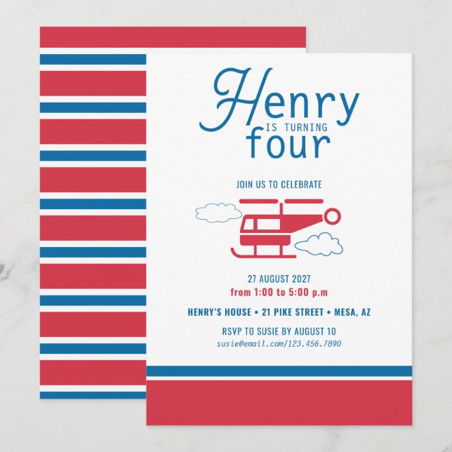 Invitation Hélicoptère rouge et bleu Anniversaire (Devant / Derrière)