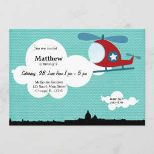 Invitation Hélicoptère thème d'anniversaire (bleu)