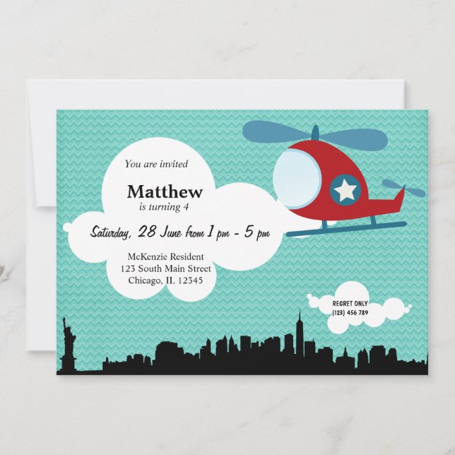 Invitation Hélicoptère thème d'anniversaire (bleu) (Devant)
