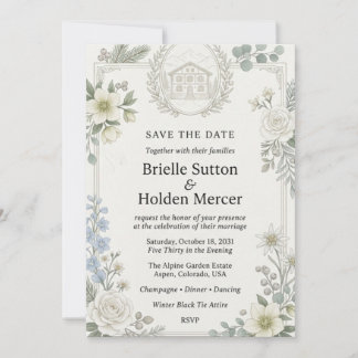 Invitation Héllebores blanches, roses, delphinium bleu, Edelw