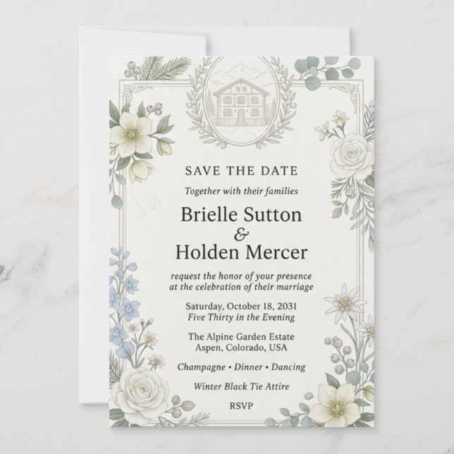 Invitation Héllebores blanches, roses, delphinium bleu, Edelw (Devant)