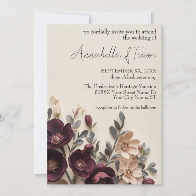 Invitation Hellebores Prune Foncé & Floral Maussade Eucalyptu (Devant)