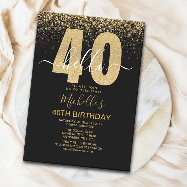 Invitation Hello 40! modern 40th birthday with gold glitter (Créateur téléchargé)