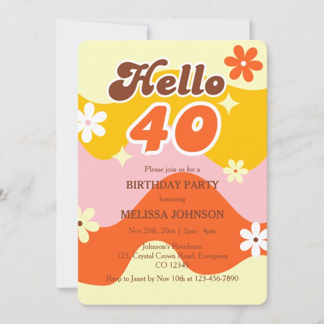 Invitation Hello 40 Retro Wave Groovy Flower Birthday  (Devant)