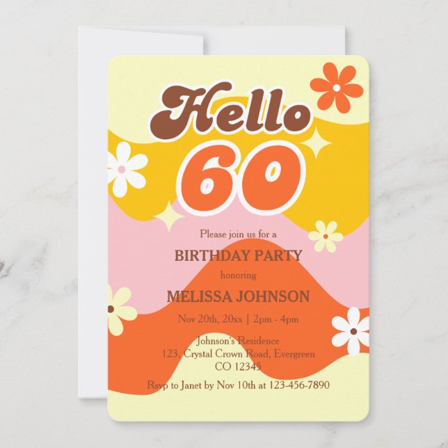 Invitation Hello 60 Retro Wave Groovy Flower Birthday  (Devant)