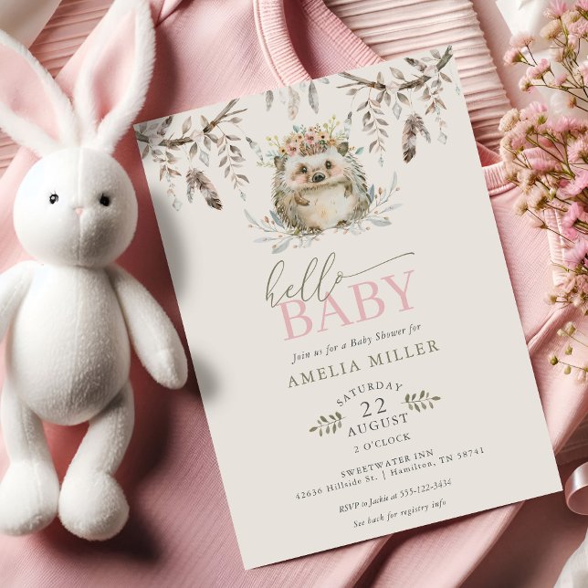 Invitation Hello Baby Boho Hedgehog Girl Baby Shower (Hello Baby Boho Hedgehog Girl Baby Shower Invitation)