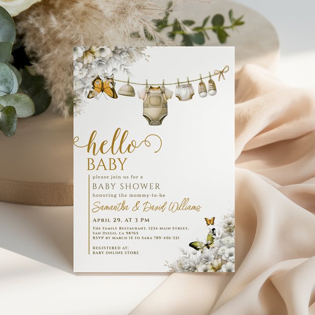 Invitation Hello Baby Botanical Clothes Neutral Baby Shower (Créateur téléchargé)