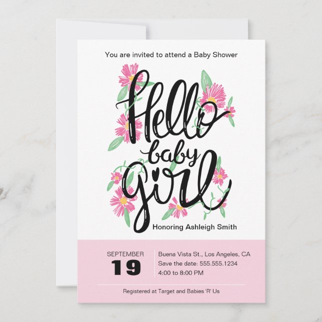 Invitation Hello Baby Girl Moderne Baby shower Floral Invitat (Devant)