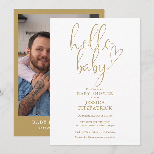 Invitation Hello Baby Gold Script Baby shower de photos Coeur (Devant / Derrière)