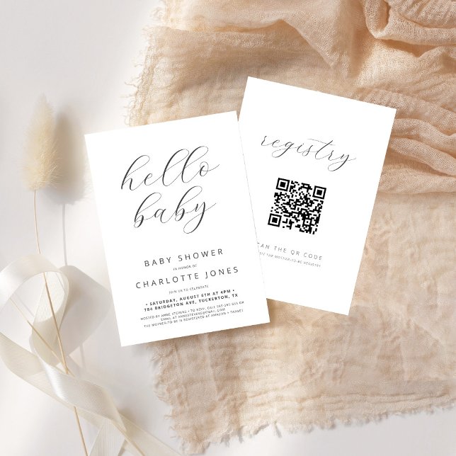 Invitation Hello Baby Modern Minimal QR Code Baby shower (Créateur téléchargé)