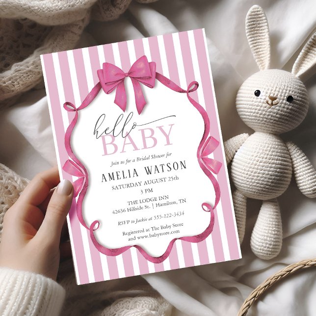 Invitation Hello Baby Pink Striped Bow Baby Shower (Hello Baby Pink Striped Bow Baby Shower Invitation)