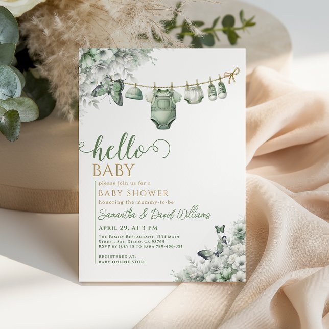 Invitation Hello Baby Sage Green Botanical Baby Shower (Créateur téléchargé)