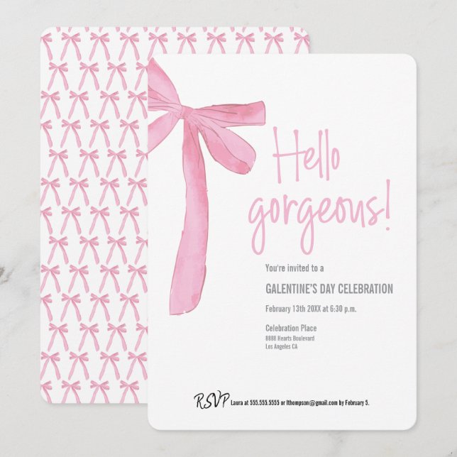 Invitation Hello Gorgeous Galentine's Day Pink Ribbon Bow (Devant / Derrière)