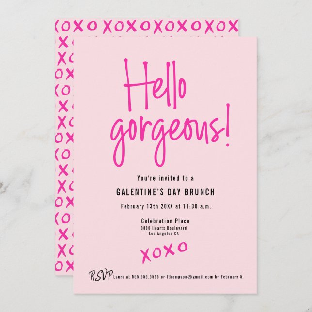 Invitation Hello Gorgeous XOXO Pink Galentine’s Day Brunch  (Devant / Derrière)