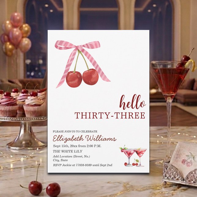 Invitation Hello Thirty Three Cherry Martini Birthday Party (Créateur téléchargé)