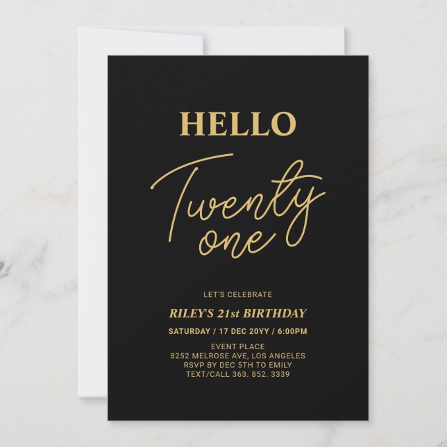 Invitation Hello Twenty one Gold & Black 21e fête d'anniversa (Devant)