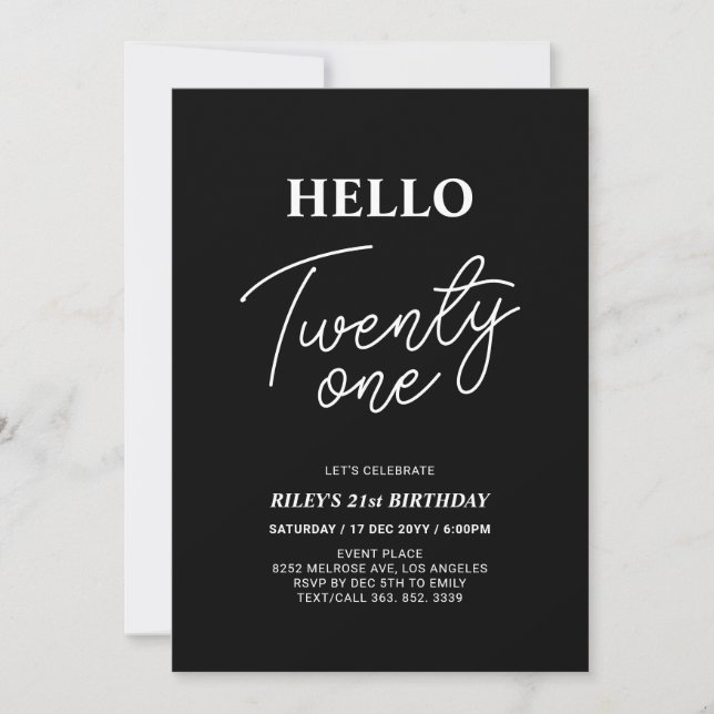 Invitation Hello Twenty one Modern Black 21e fête d'anniversa (Devant)