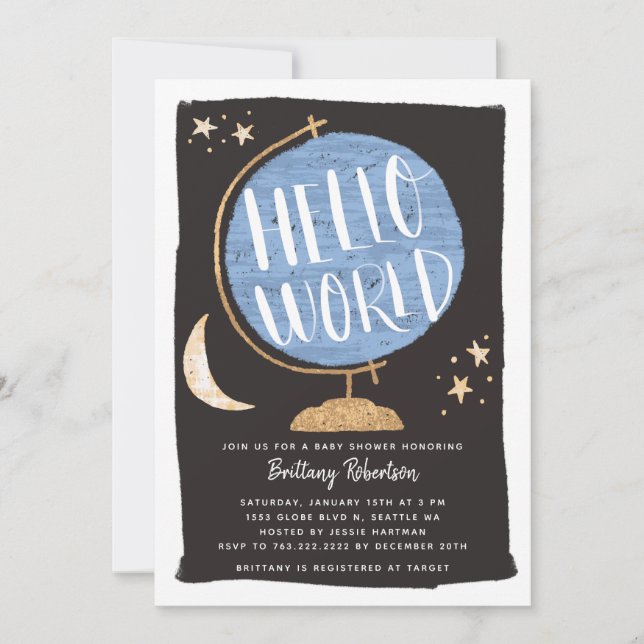 Invitation Hello World Baby shower Blue Globe (Devant)