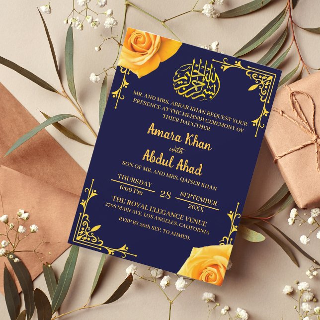 Invitation Henna Mehndi Rose jaune Mariage musulman islamique (Créateur téléchargé)