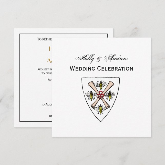 Invitation Héraldique Vintage 4 abeilles rouleaux sur bouclie (Devant / Derrière)