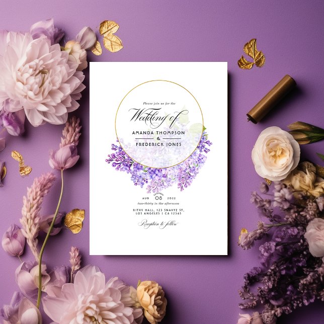 Invitation Herbarium géométrique violet et or Mariage de code (Créateur téléchargé)