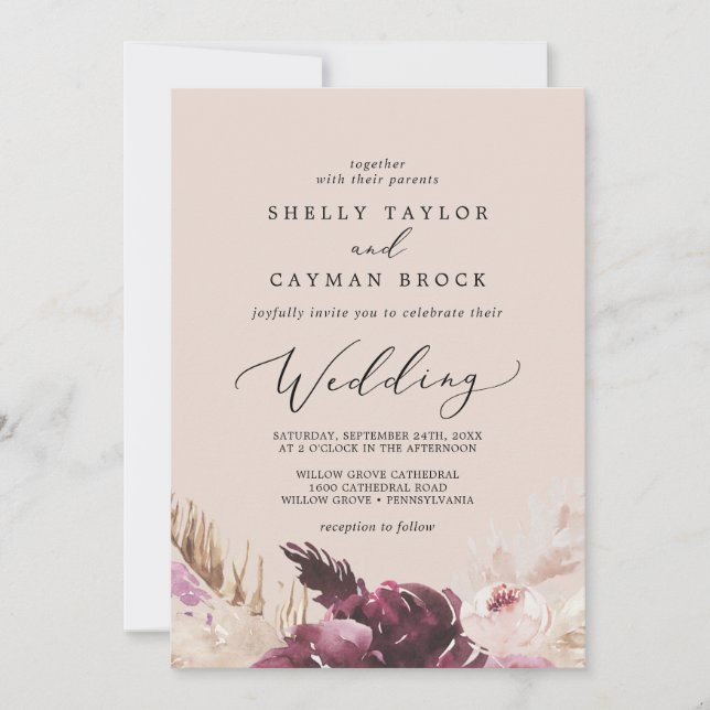 Invitation Herbe Boho Pampas | Mariage de pêche (Devant)
