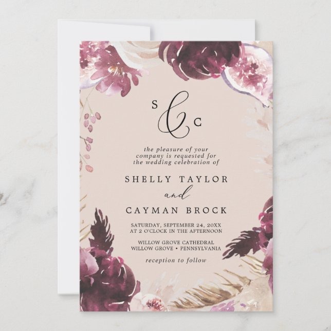 Invitation Herbe Boho Pampas | Pêcher le Mariage de monogramm (Devant)