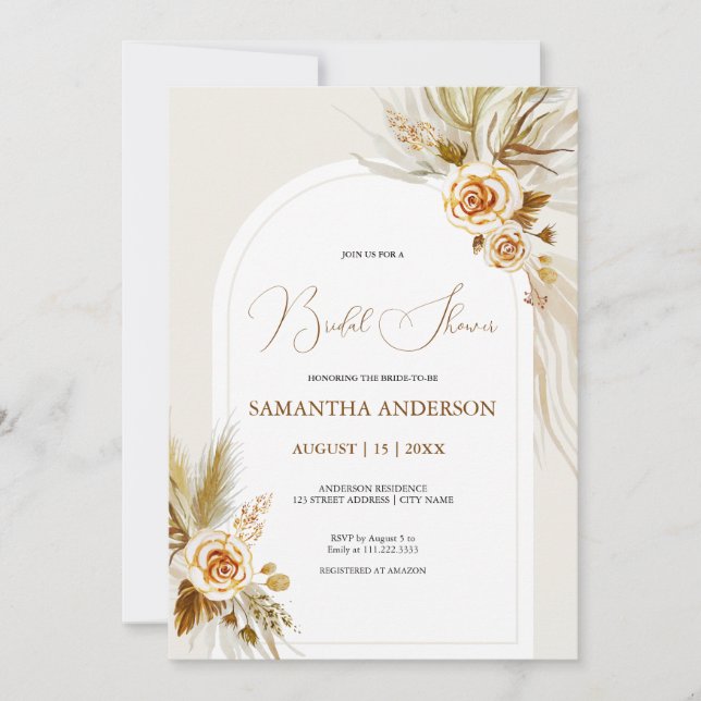Invitation Herbe de la pampa aquarelle boho Shower de mariage (Devant)