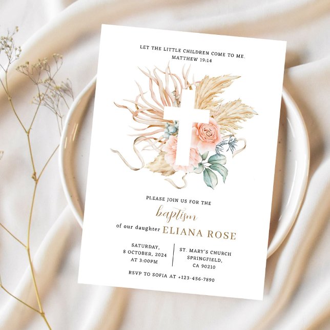 Invitation Herbe de la Pampa de baptême Rose Boho Croix (Créateur téléchargé)