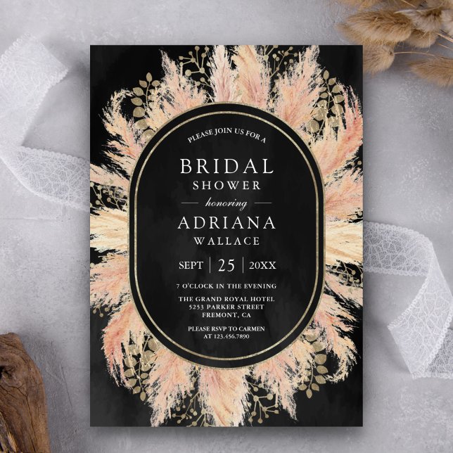 Invitation Herbe de pampa séchée bohème ovale noir mariage (Créateur téléchargé)