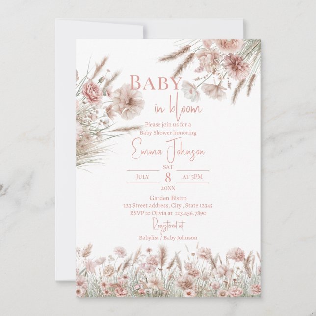 Invitation Herbe de Pampas Fleurie Rose (Devant)