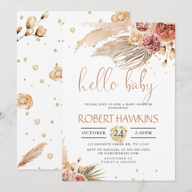 Invitation Herbe de Pampas modifiable, Baby Shower Bohème (Devant / Derrière)
