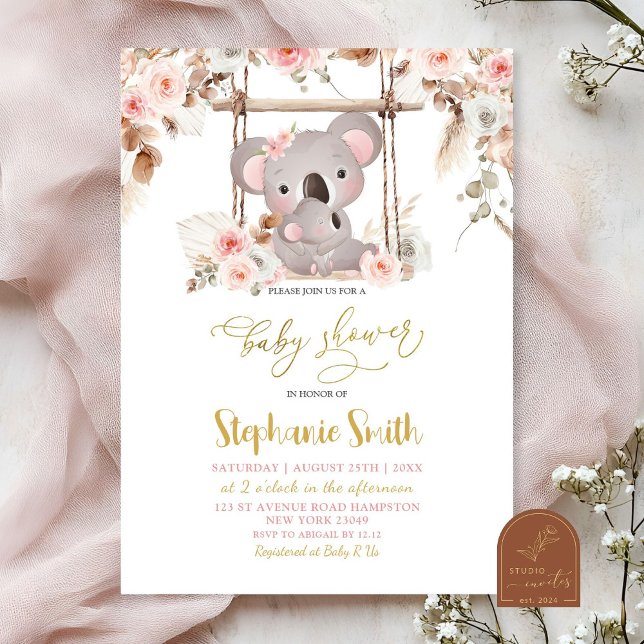 Invitation Herbe de Pampas Rose Flore Koala Australien Bébé F (Créateur téléchargé)