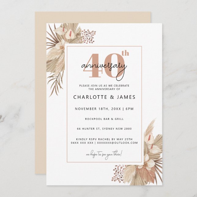 Invitation Herbe des Pampas Boho 40e anniversaire de mariage (Devant / Derrière)