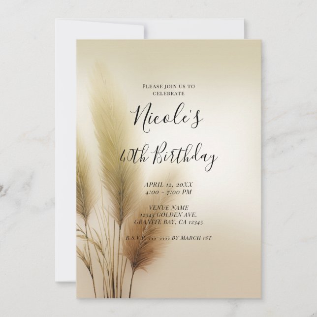 Invitation Herbe des Pampas Dorée Fête d'Anniversaire Bohème  (Devant)