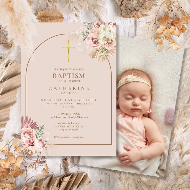 Invitation Herbe des Pampas Or Photo Baptême Christening  (Pampas Grass Gold Photo Baptism Christening Invitation)