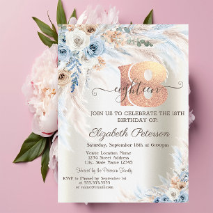 Invitation Herbe des Pampas Roses Ivoire 18ème Anniversaire