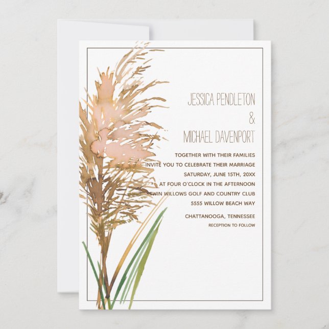 Invitation Herbe des Pampas Rustique sur Mariage Blanc (Devant)