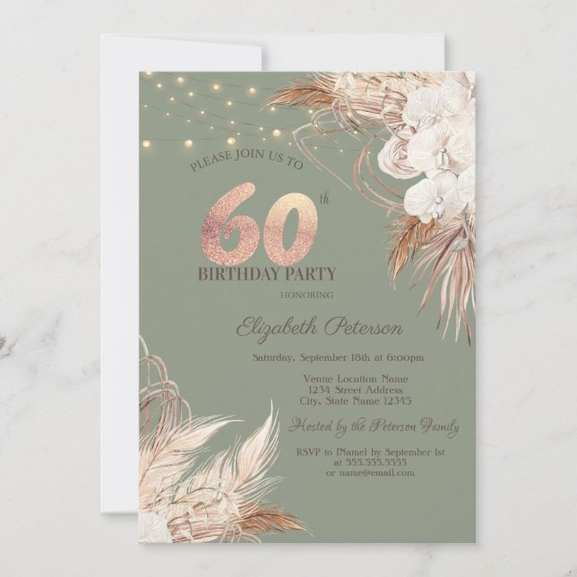 Invitation Herbe des Pampas Vert Sauge 60ème Anniversaire (Devant)