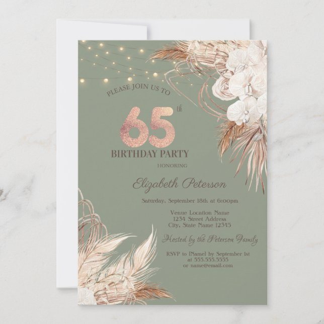 Invitation Herbe des Pampas Vert Sauge 65e Anniversaire (Devant)