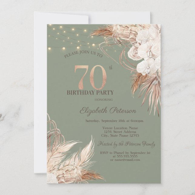 Invitation Herbe des Pampas Vert Sauge 70e Anniversaire (Devant)