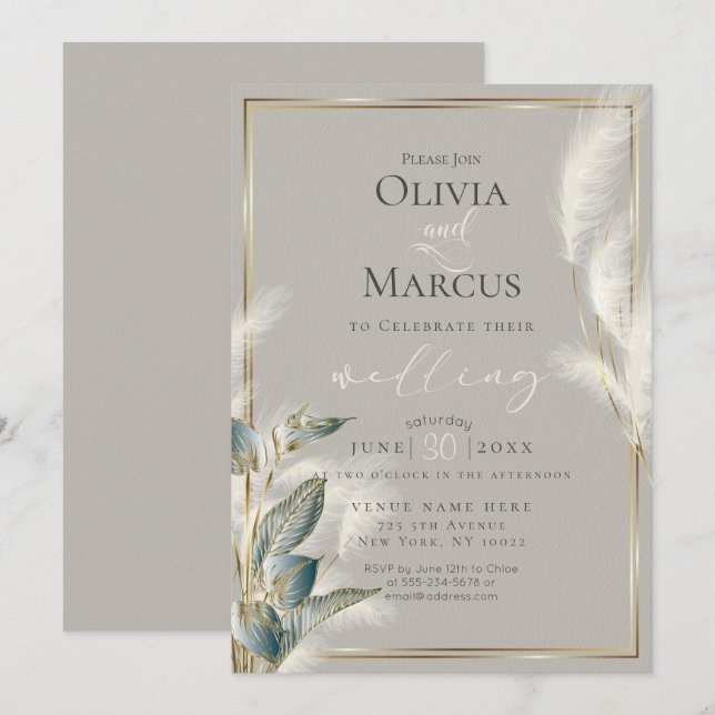 Invitation Herbe Smokey Anthurium Turquoise et Pampas en plum (Devant / Derrière)