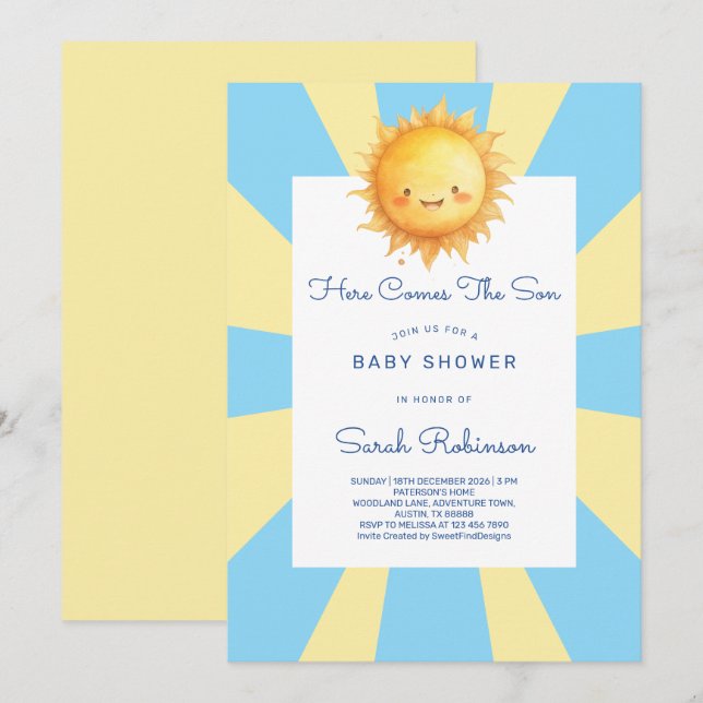 Invitation Here Comes The Son Retro Baby Shower (Devant / Derrière)