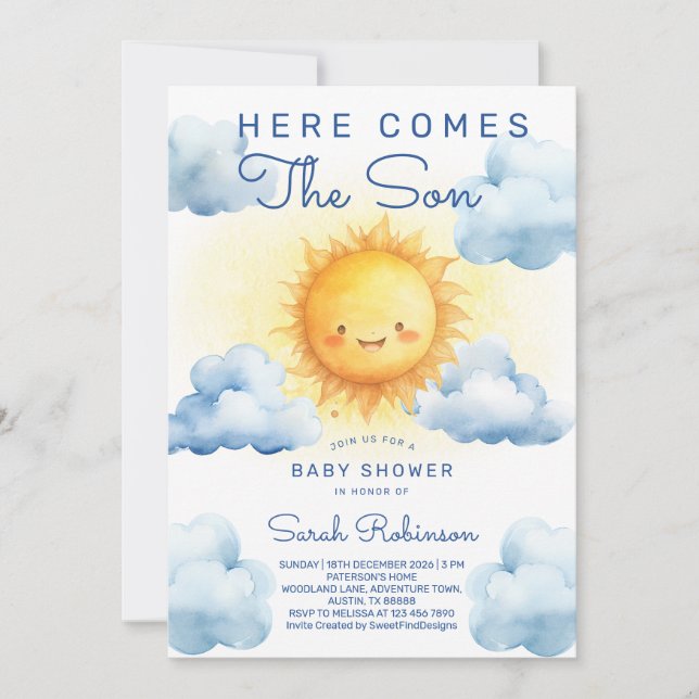 Invitation Here comes the son Watercolor Baby boy shower (Devant)